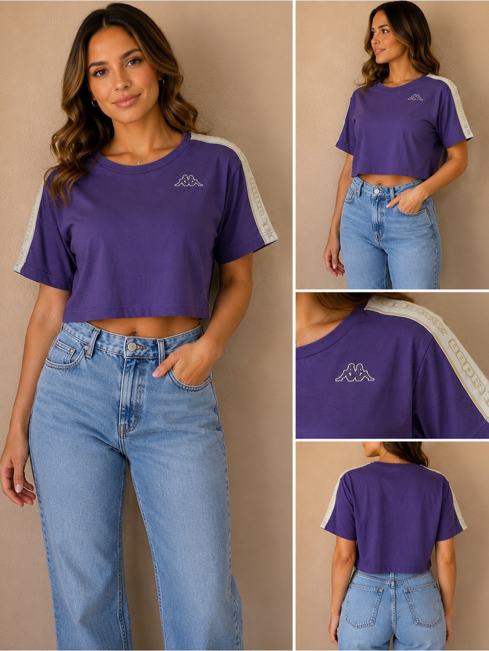 Vintage Kappa Y2K 100% Cotton Purple Cropped Boxy Logo crew tshirt shoulder tape